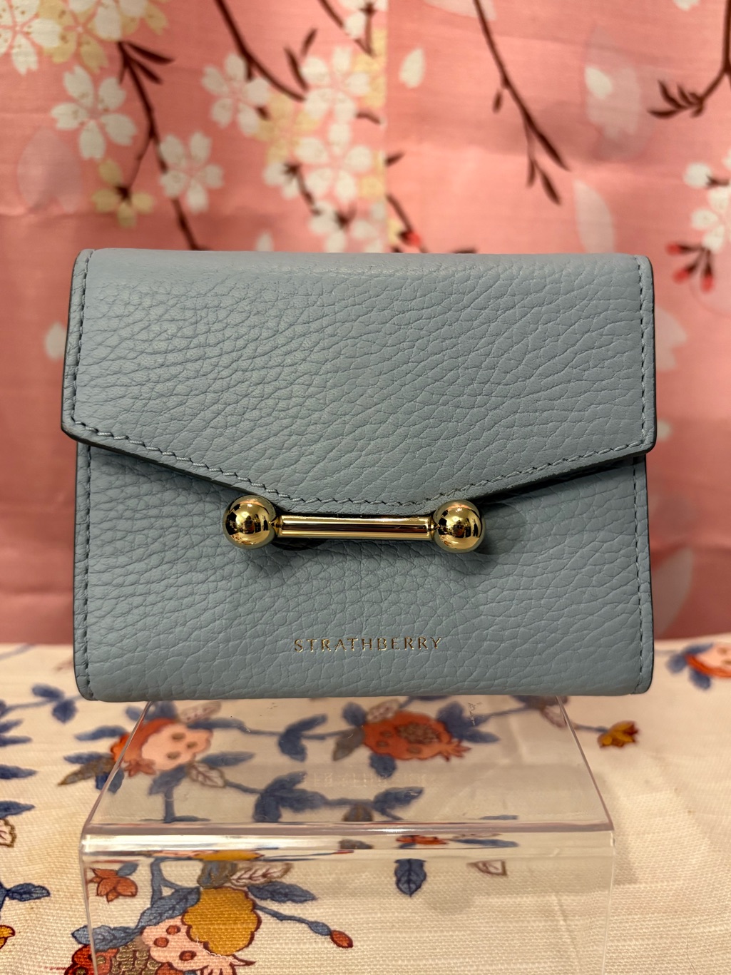 Strathberry Mosaic Trifold Wallet Dusky Blue Gold Hw New